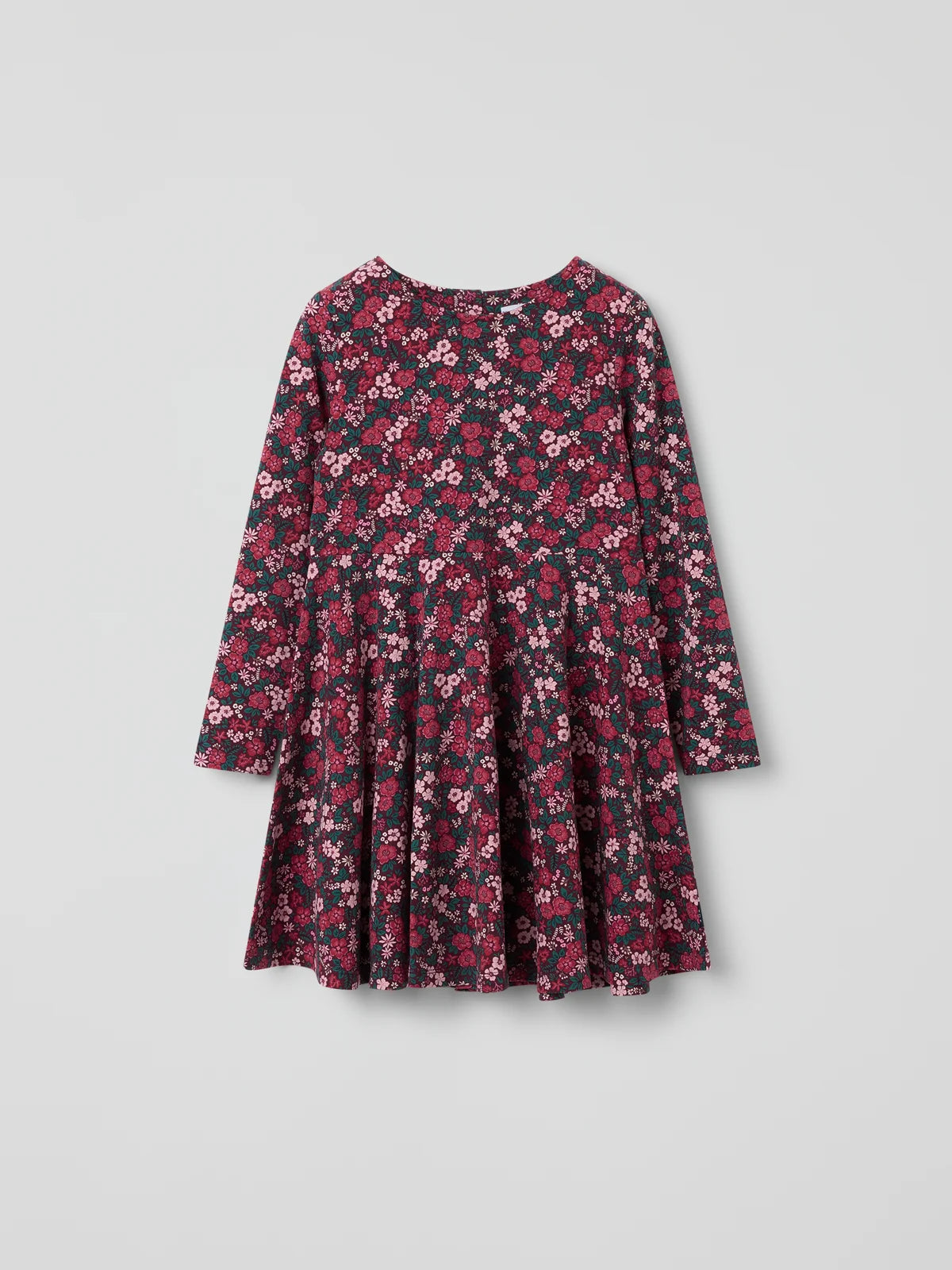 Kjóll með hringskornu pilsi og blómamynstri